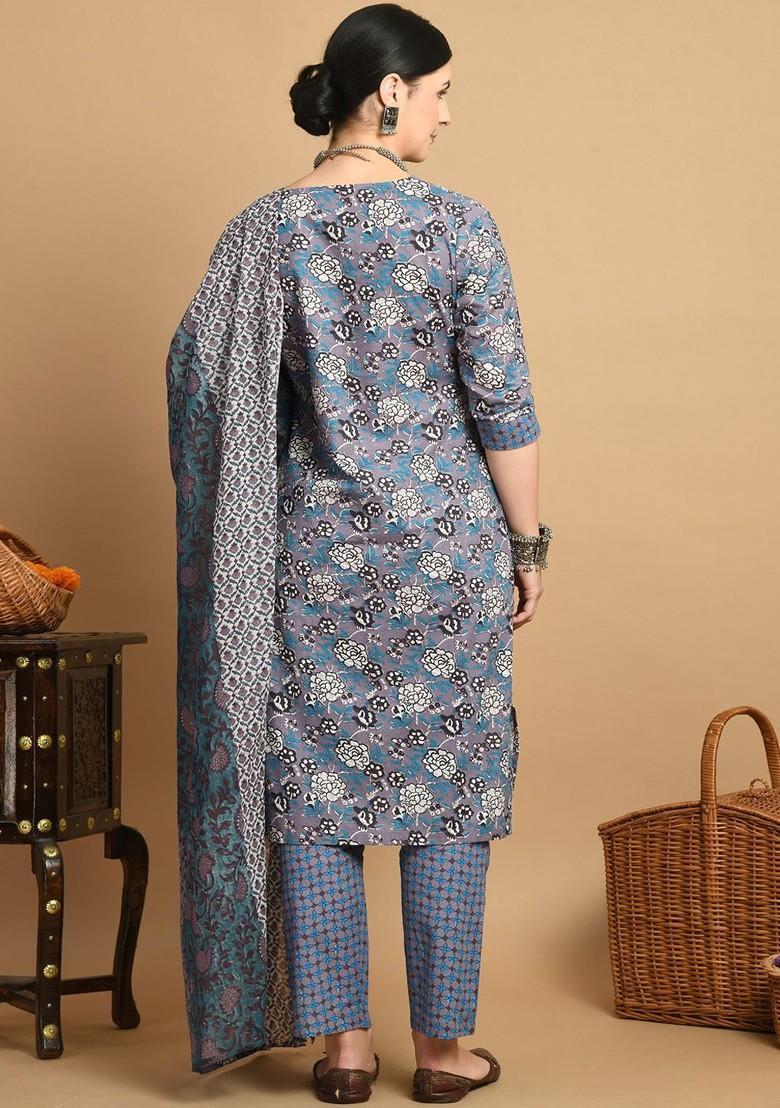 Grey Embroidered Poly Blended Kurta Sets - Indya