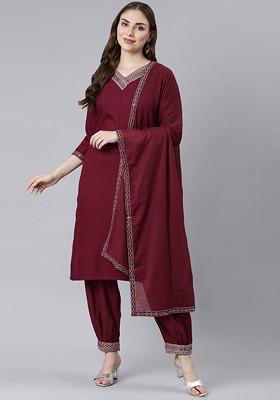Burgundy Embroidered Poly Blended Kurta Sets