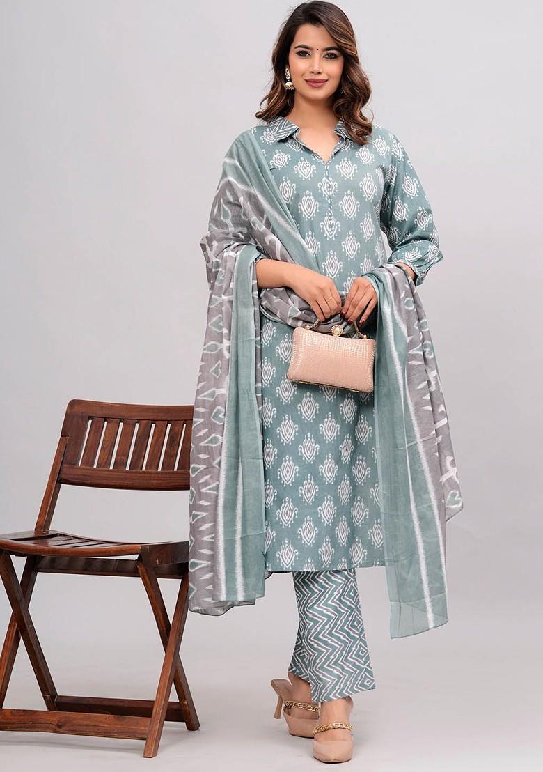 Green Embroidered Poly Blended Kurta Sets - Indya