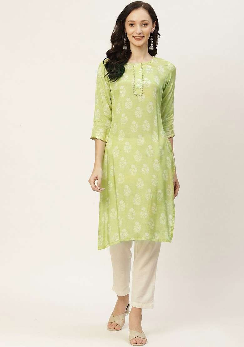 Green Embroidered Poly Blended Kurtas - Indya