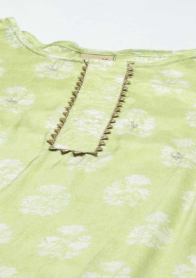 Green Embroidered Poly Blended Kurtas - Indya