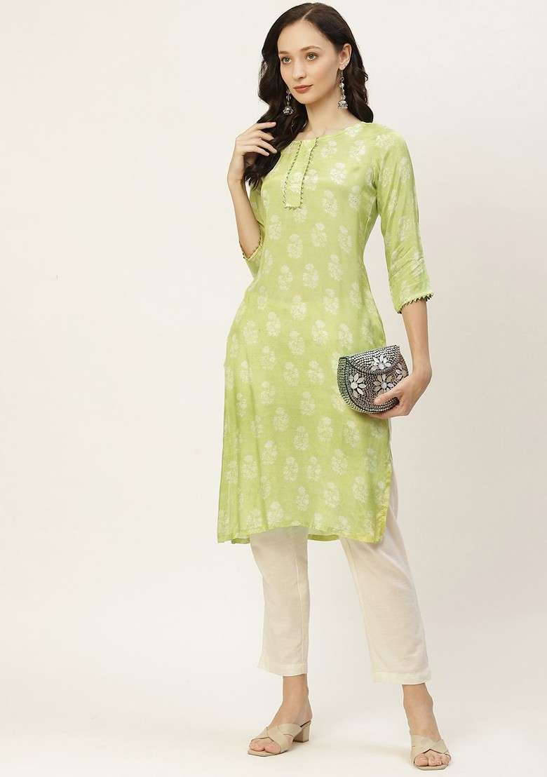 Green Embroidered Poly Blended Kurtas - Indya