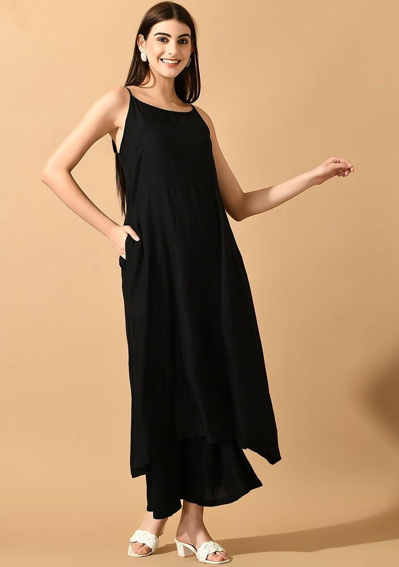 Black Embroidered Poly Blended Kurta Sets - Indya