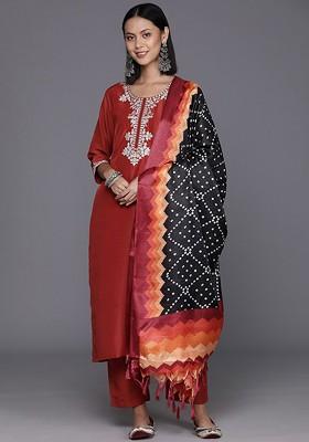 Rust Embroidered Poly Blended Kurta Sets