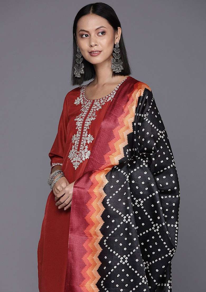 Rust Embroidered Poly Blended Kurta Sets - Indya
