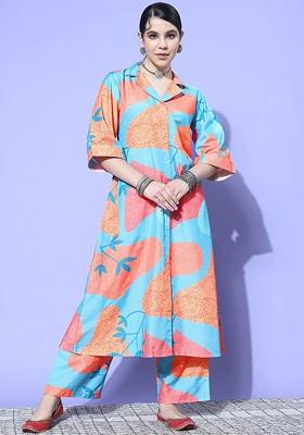 Turquoise Blue Embroidered Poly Blended Kurta Sets