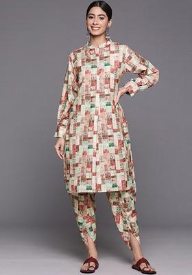 Beige Embroidered Poly Blended Kurta Sets