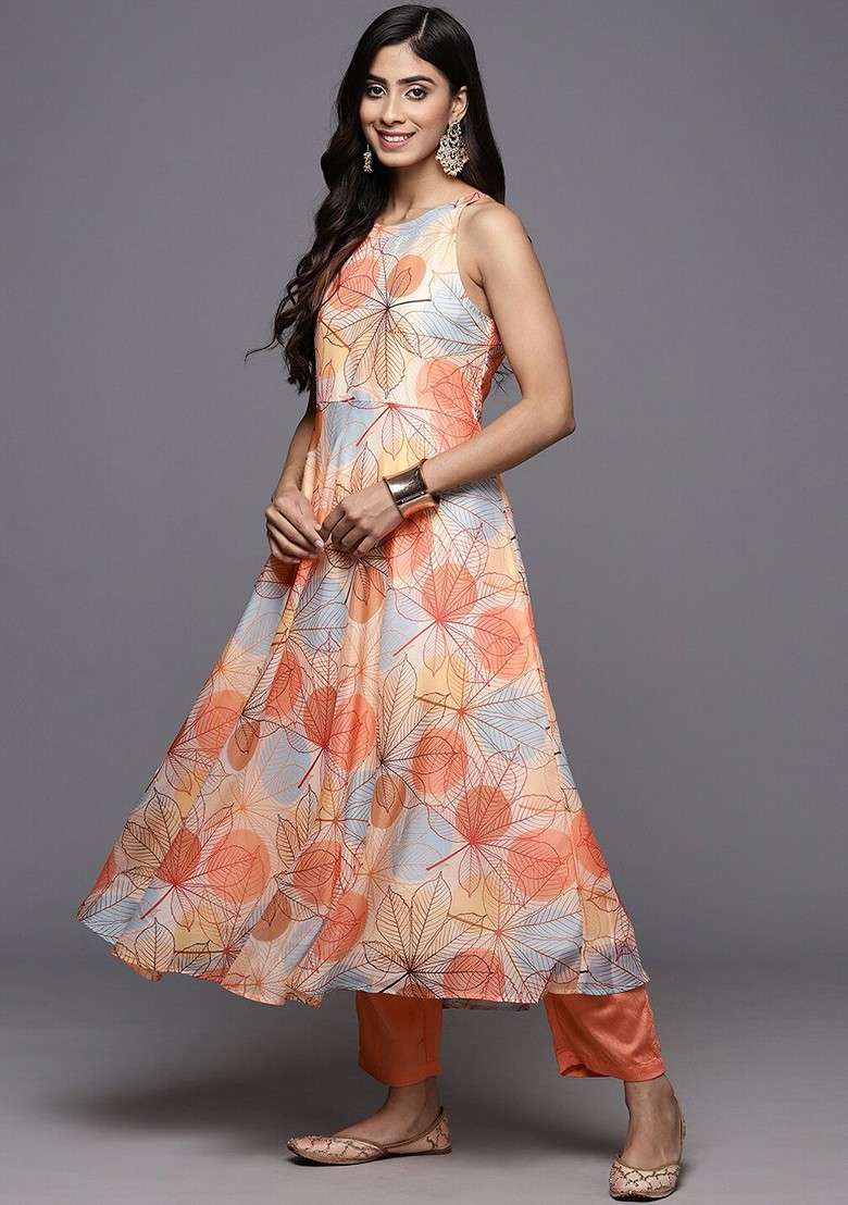 Beige Embroidered Poly Blended Kurta Sets - Indya
