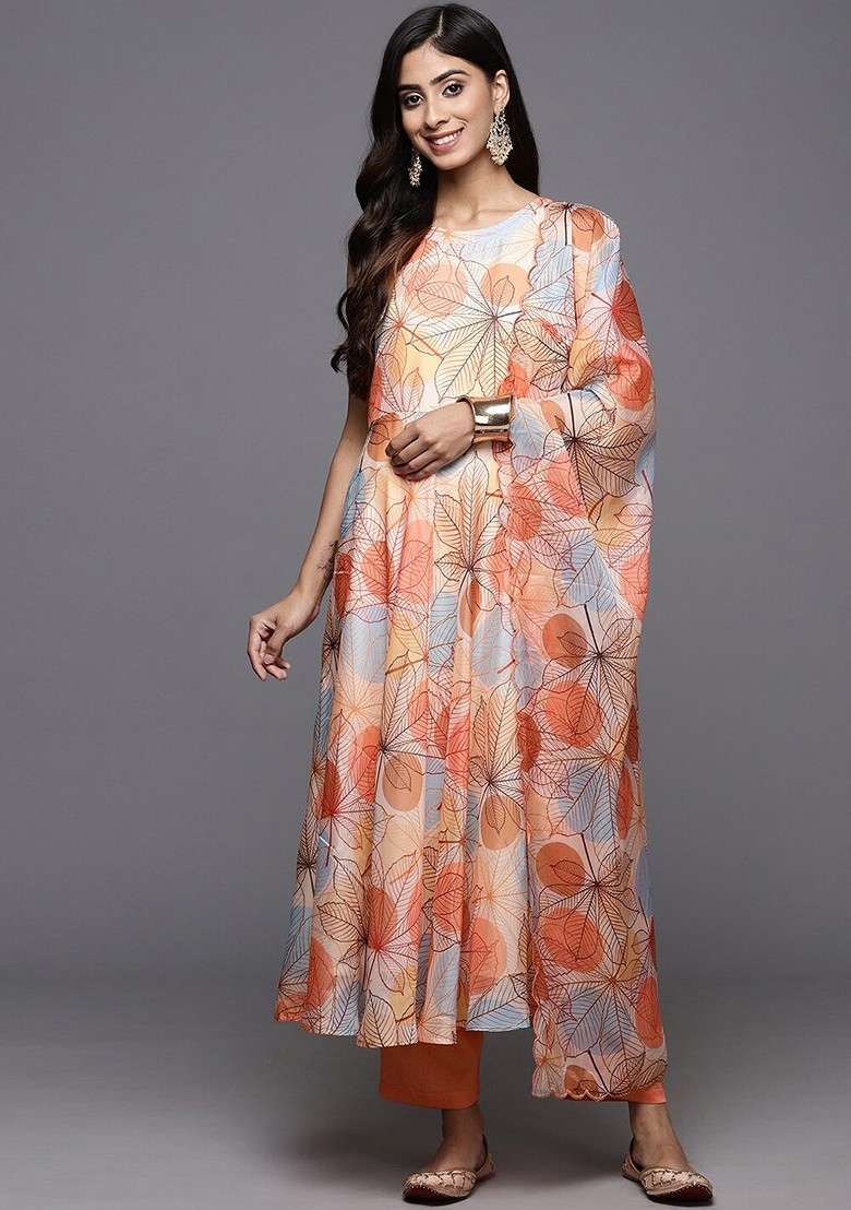 Beige Embroidered Poly Blended Kurta Sets - Indya