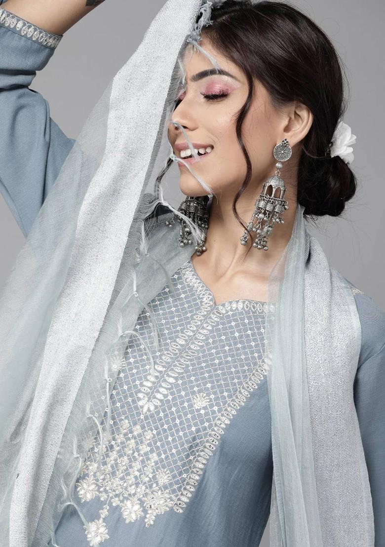 Blue Embroidered Poly Blended Kurta Sets - Indya
