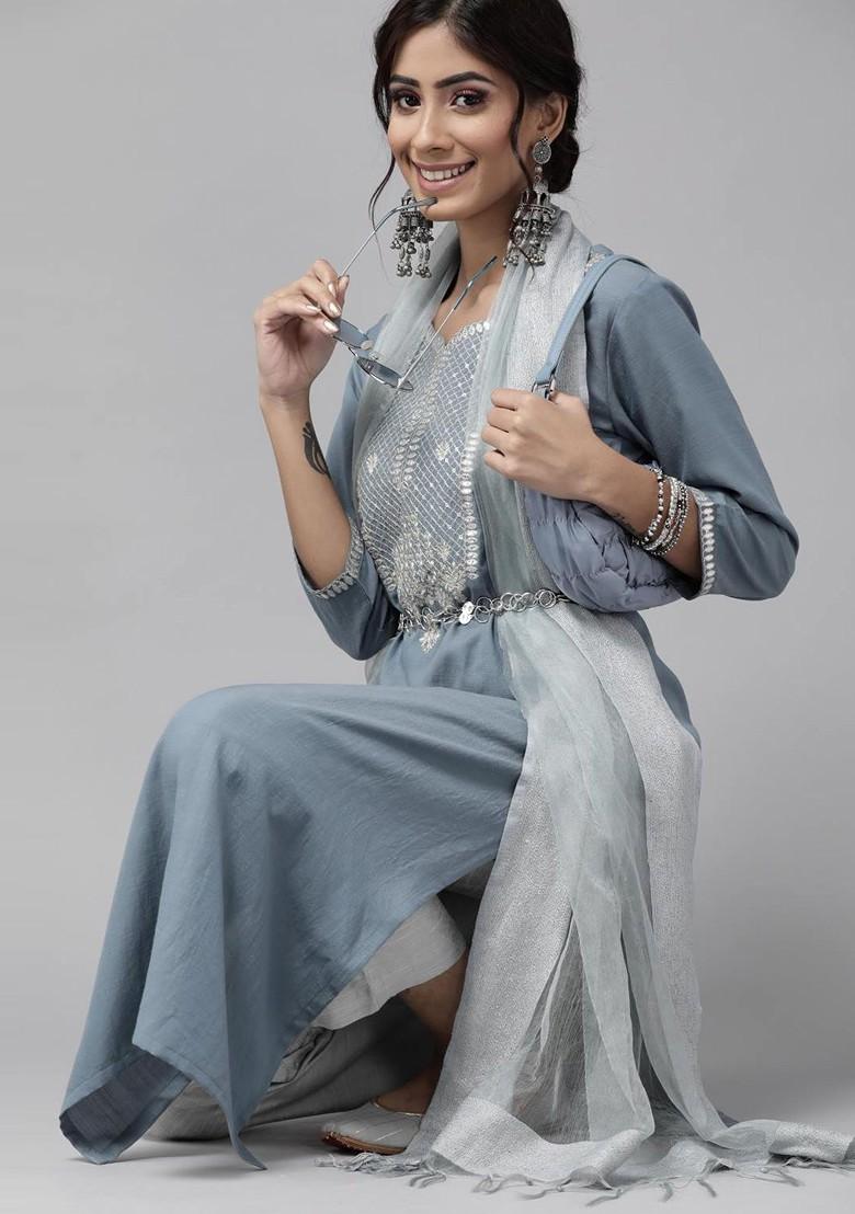 Blue Embroidered Poly Blended Kurta Sets - Indya