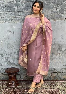 Mauve Embroidered Poly Blended Kurta Sets