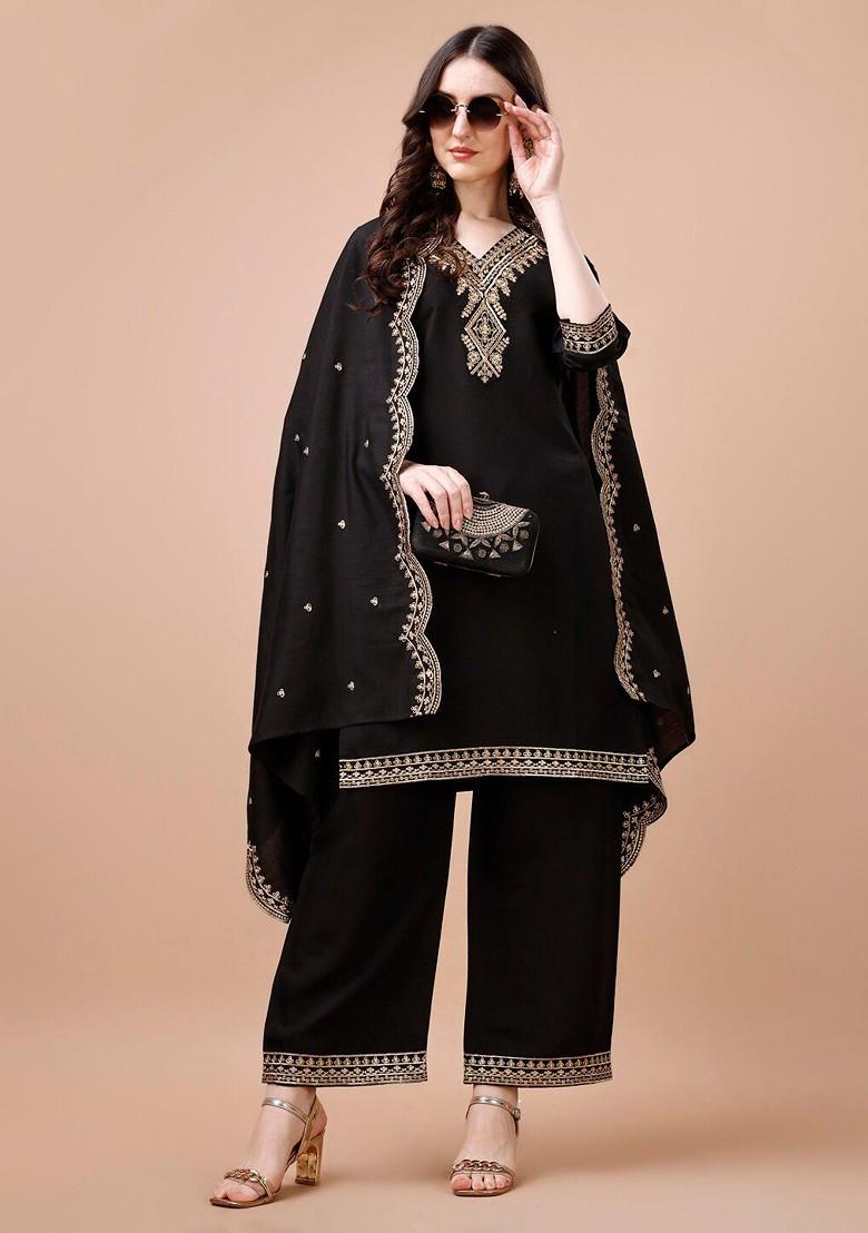 Black Embroidered Poly Blended Kurta Sets - Indya