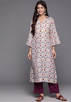 Off White Embroidered Poly Blended Kurta Sets