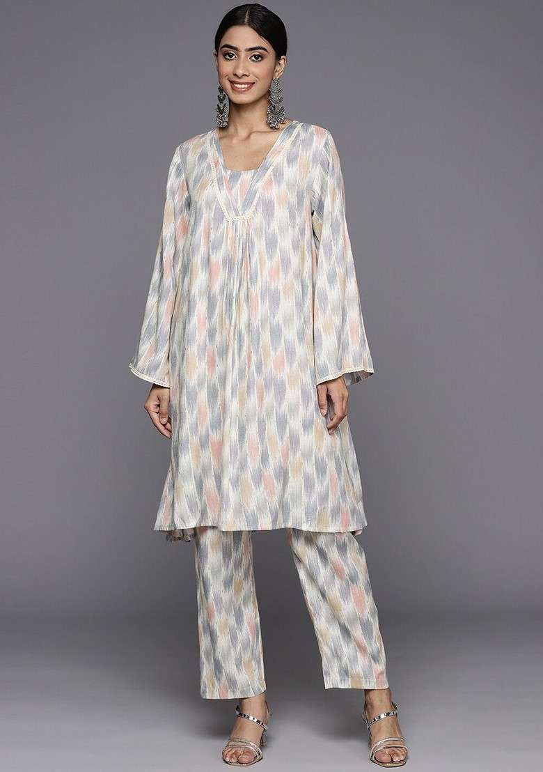 Grey Embroidered Poly Blended Kurta Sets - Indya