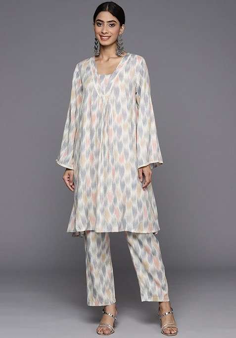 Grey Embroidered Poly Blended Kurta Sets