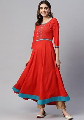 Red Embroidered Poly Blended Kurtas