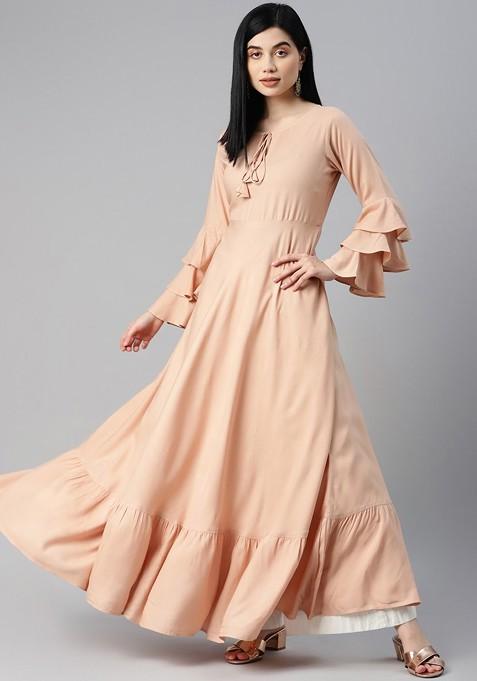 Peach Embroidered Poly Blended Kurtas