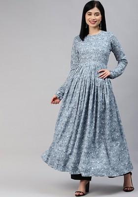 Blue Embroidered Poly Blended Kurtas