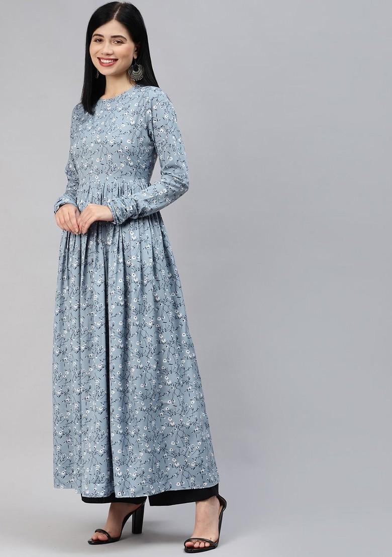 Blue Embroidered Poly Blended Kurtas - Indya