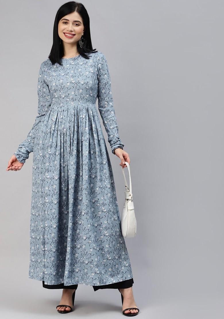 Blue Embroidered Poly Blended Kurtas - Indya
