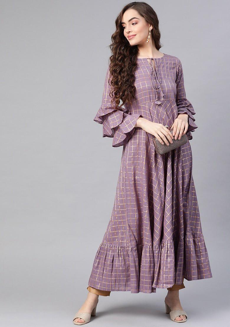 Mauve Embroidered Poly Blended Kurtas - Indya