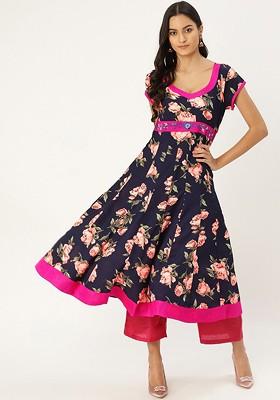 Navy Blue Embroidered Poly Blended Kurtas