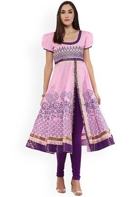 Pink Embroidered Poly Blended Kurtas