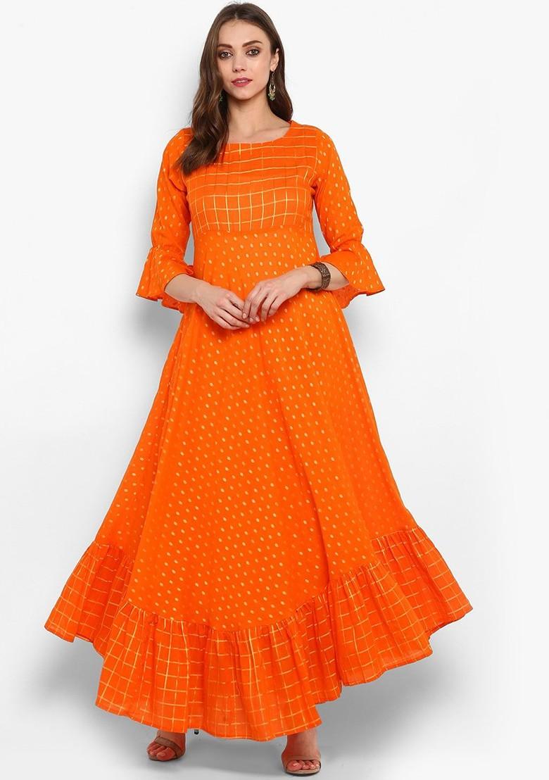 Orange Embroidered Poly Blended Kurtas - Indya