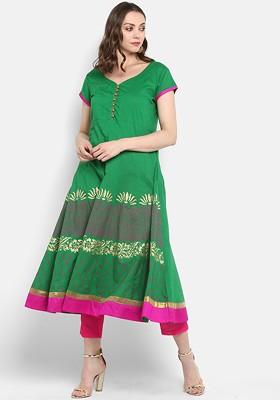 Green Embroidered Poly Blended Kurtas