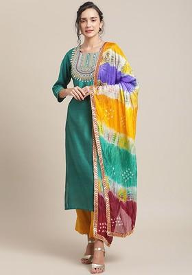 Teal Embroidered Poly Blended Kurta Sets