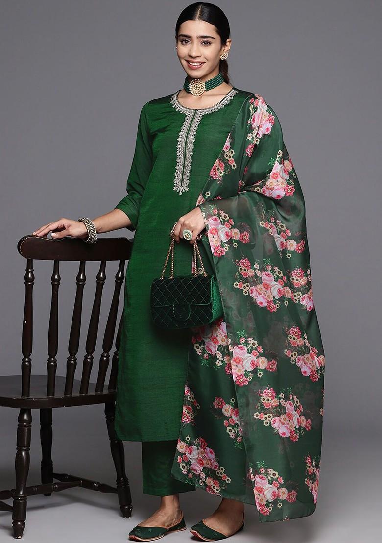 Green Embroidered Poly Blended Kurta Sets - Indya