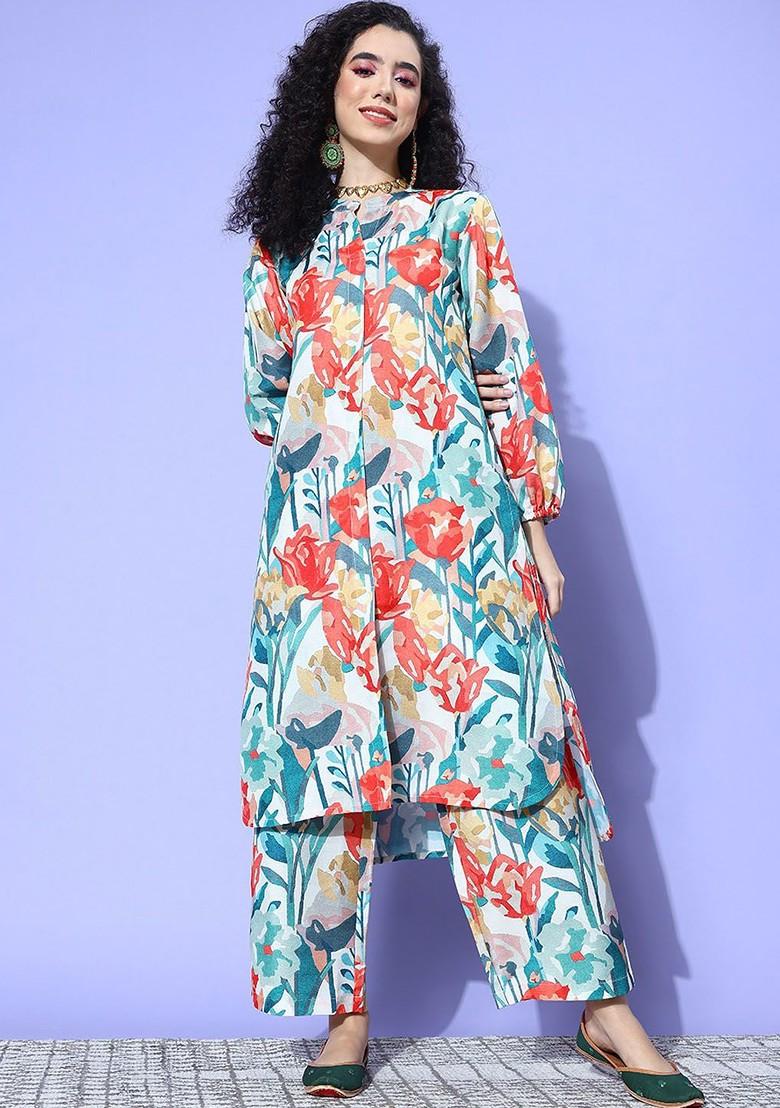 Cream Embroidered Poly Blended Kurta Sets - Indya