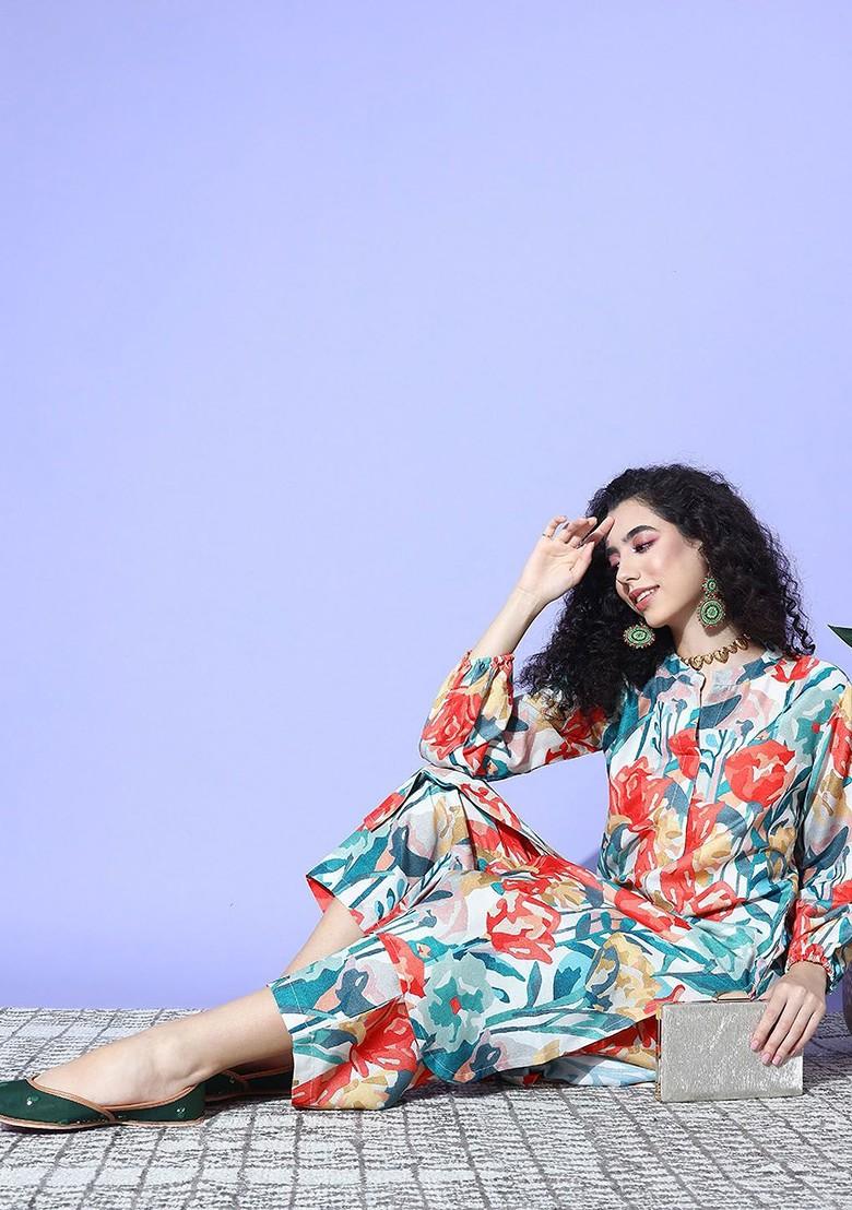 Cream Embroidered Poly Blended Kurta Sets - Indya