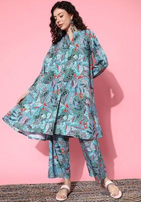 Sea Green Embroidered Poly Blended Kurta Sets