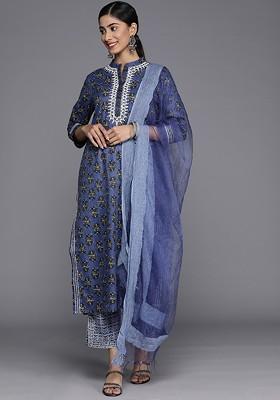 Navy Blue Embroidered Poly Blended Kurta Sets