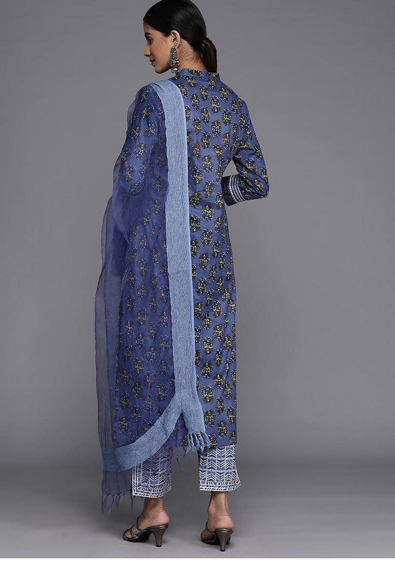 Navy Blue Embroidered Poly Blended Kurta Sets