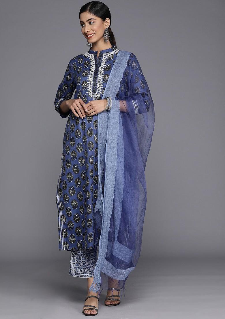 Navy Blue Embroidered Poly Blended Kurta Sets