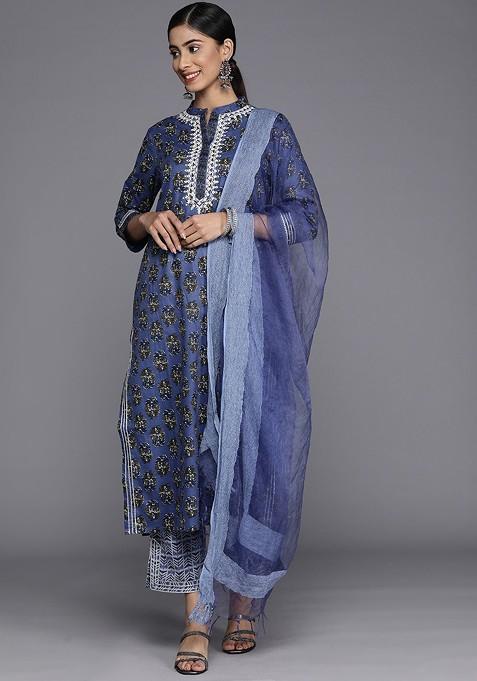Navy Blue Embroidered Poly Blended Kurta Sets