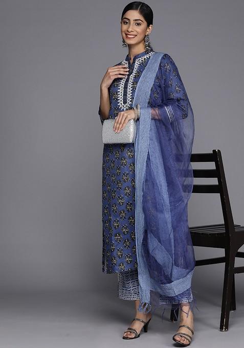 Navy Blue Embroidered Poly Blended Kurta Sets