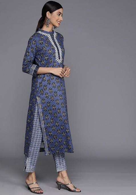 Navy Blue Embroidered Poly Blended Kurta Sets