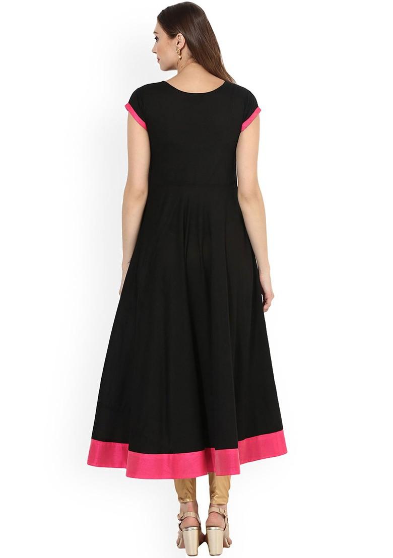 Black Embroidered Poly Blended Kurtas - Indya