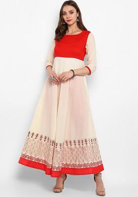 Off White Embroidered Poly Blended Kurtas