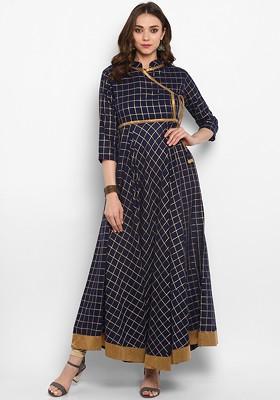 Navy Blue Embroidered Poly Blended Kurtas