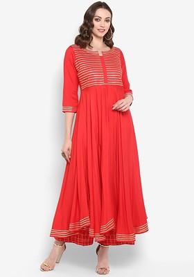 Red Embroidered Poly Blended Kurtas