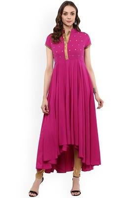 Magenta Embroidered Poly Blended Kurtas