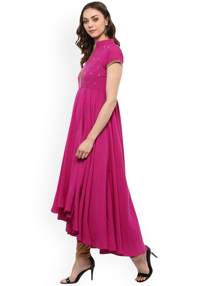 Magenta Embroidered Poly Blended Kurtas - Indya