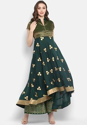 Green Embroidered Poly Blended Kurtas