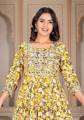 Mustard Embroidered Poly Blended Kurta Sets