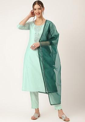 Sea Green Embroidered Poly Blended Kurta Sets